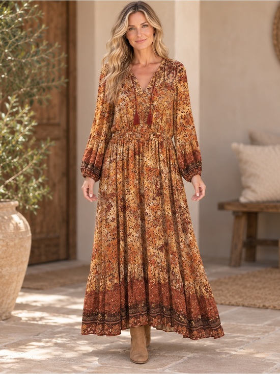 Frye Dresses & Skirts - Frye Rust Floral Tassel Boho Maxi Dress